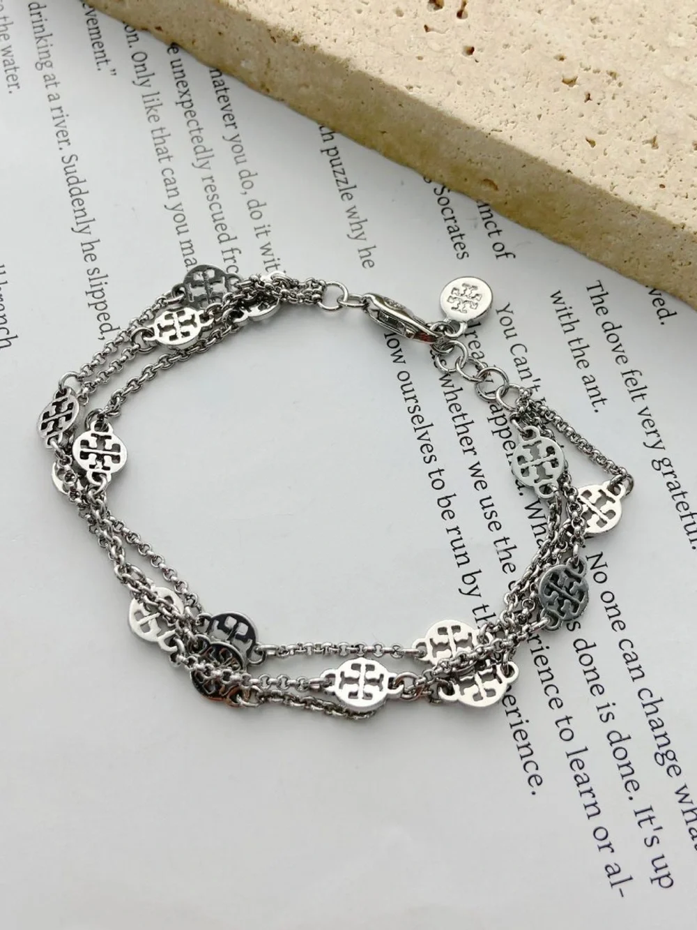 Tory Burch Silver Multi-Strand Logo Charm Bracelet